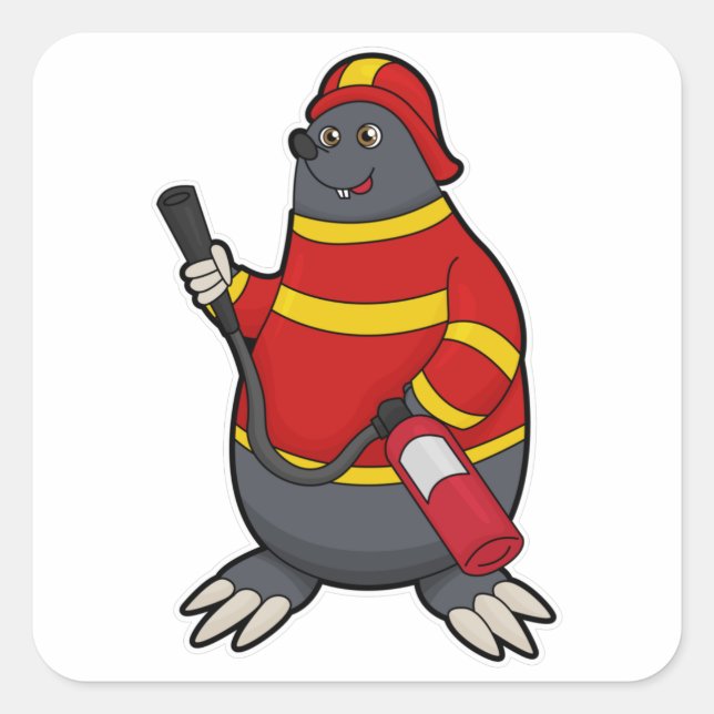 Adesivo Quadrado Mole como Bombeiro com extintor de incêndio (Frente)