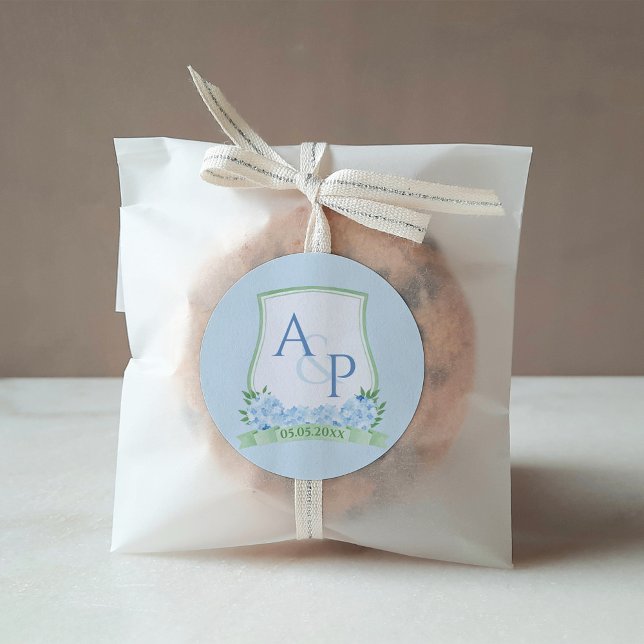 Adesivo Quadrado Molho Verde Branco Branco Branco Monograma Crest A (Sap Green Light Blue Hydrangea Wedding Crest favor sticker or wedding welcome pack label)