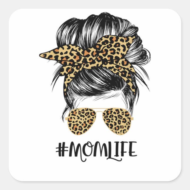 Adesivo Quadrado Mom Life Messy Hair Bun Leopard Women Mother's Day (Frente)
