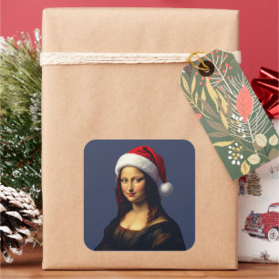 Adesivo Quadrado Mona Lisa Chapéu de Papai Noel Natal Férias Recort