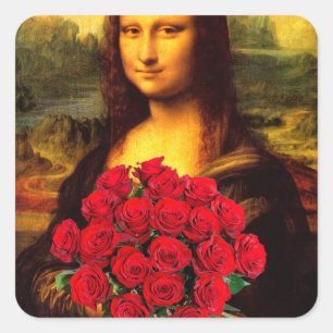 Adesivo Quadrado Mona Lisa Com Buquê De Rosa vermelha