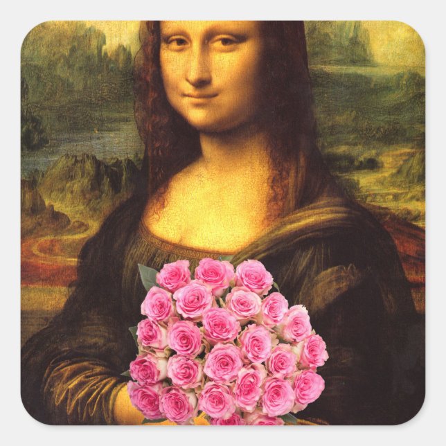 Adesivo Quadrado Mona Lisa Com Buquê De Rosas Rosa (Frente)