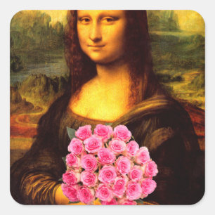 Adesivo Quadrado Mona Lisa Com Buquê De Rosas Rosa