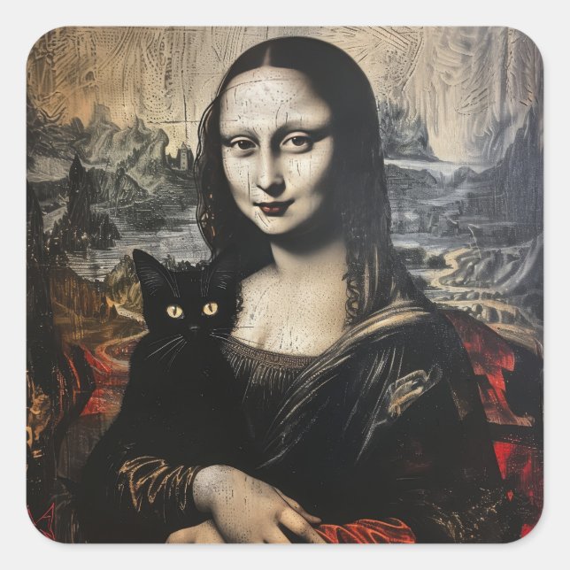Adesivo Quadrado Mona Lisa com Cat (Frente)