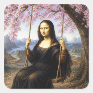 Adesivo Quadrado Mona Lisa num Balanço sob Flores de Cerejeira
