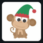 Adesivo Quadrado Monkey Christmas Elf<br><div class="desc">Macaco bonitinho elfo de Natal</div>