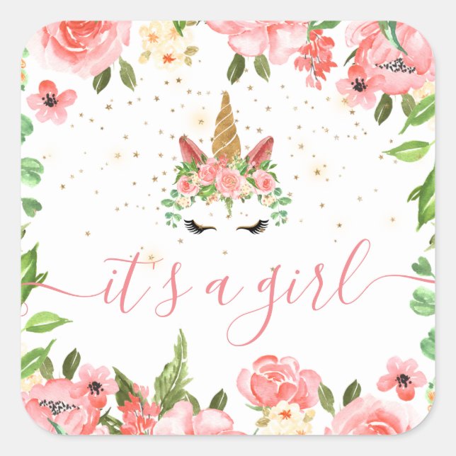 Adesivo Quadrado monocórnio voador, floral é uma viciada (Frente)