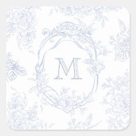 Adesivo Quadrado Monograma Azul Floral Inicial Casamento Toile Brid