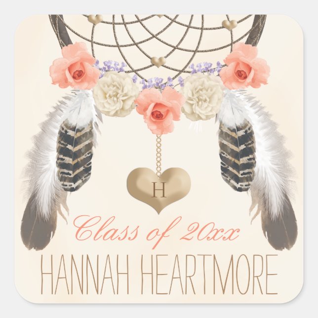 ADESIVO QUADRADO MONOGRAMA BOHO DREAM CATCHER CLASSE DE GRADUAÇÃO (Frente)