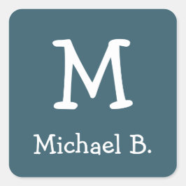 Adesivo Quadrado Monograma Branco e Nome na Praça Azul Arredondada