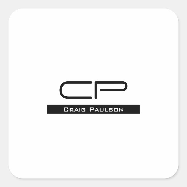 Adesivo Quadrado Monograma Branco Preto Nome Simples Simples Comum  (Frente)