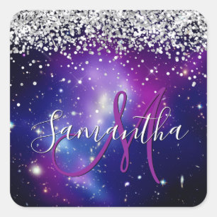 Adesivo Quadrado Monograma Brilhante Celestial Roxo com Glitter Pra