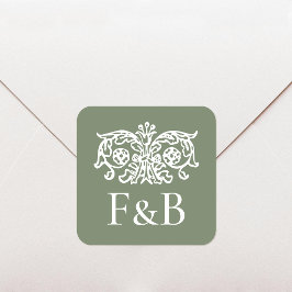 Adesivo Quadrado Monograma Casamento Ornate Floral Verde