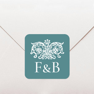 Adesivo Quadrado Monograma Casamento Ornate Floral Verde Teal