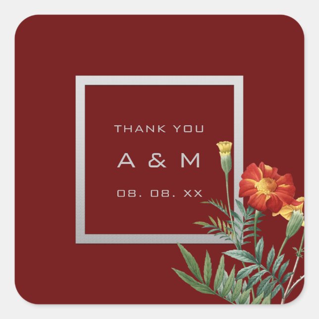 Adesivo Quadrado Monograma Cinza Frame Silver Floral Maroon (Frente)
