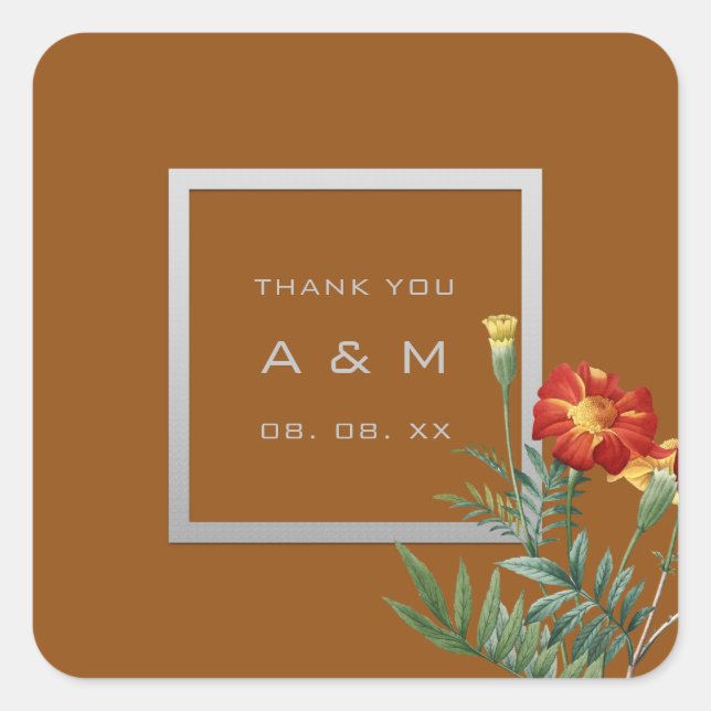 Adesivo Quadrado Monograma Cinza Moldura Prata Castanho Floral (Frente)