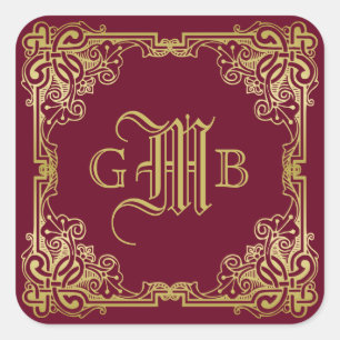 Adesivo Quadrado Monograma Clássico de Casamento Dourado Borgonha