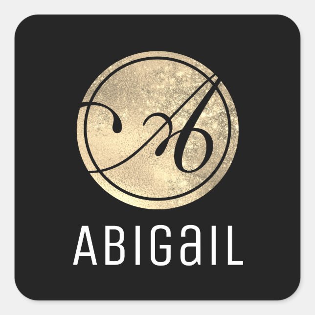 Adesivo Quadrado Monograma Clássico Simples de Caligrafia Dourada e (Frente)