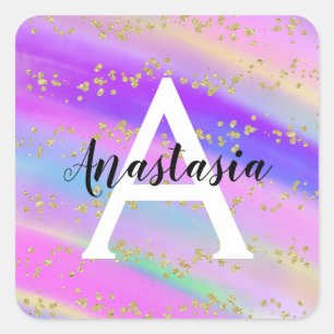 Adesivo Quadrado Monograma Colorido de Glitter Dourado Unicórnio R