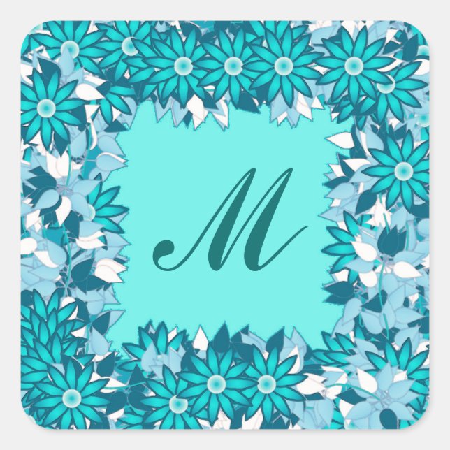 Adesivo Quadrado Monograma com flores - azul e branco (Frente)