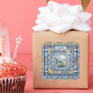 Adesivo Quadrado monograma de azulejos florais azuis-italianos de v