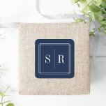Adesivo Quadrado Monograma de Casamento Branco e marinho<br><div class="desc">Os adesivos clássicos e elegantes do monograma são perfeitos para selar seus envelopes de convite, favores e muito mais. O marinho simples e o design simples em azul e branco nítidos apresentam suas iniciais, monograma ou duograma enquadrado por uma borda geométrica fina. Projetado para coordenar com nossa coleção de casamento...</div>