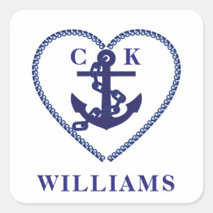 Adesivo Quadrado Monograma de Casamento Cardíaco de Âncora Náutica 