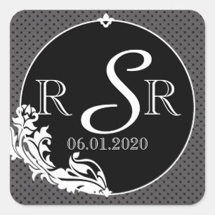 Adesivo Quadrado Monograma de Casamento de Bolinhas Negra