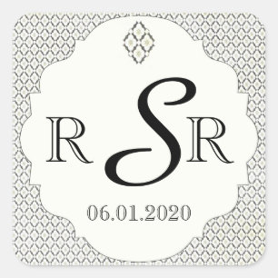 Adesivo Quadrado Monograma de Casamento de Vintage Black and Cream