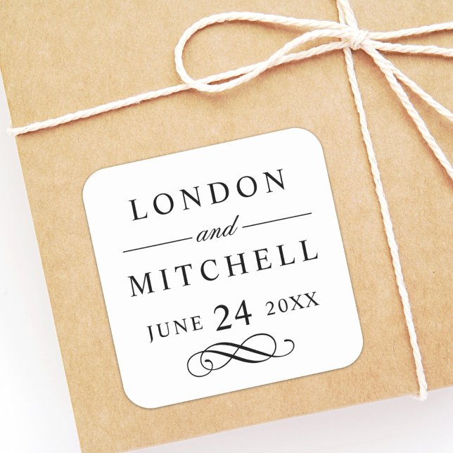 Adesivo Quadrado Monograma de Casamento Preto Clássico Elegante (Criador carregado)