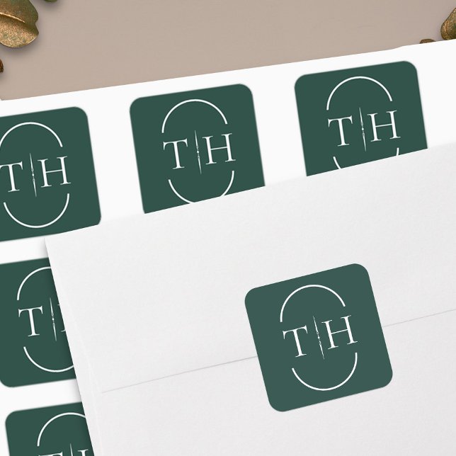 Adesivo Quadrado Monograma de Casamento Verde Emerald em Quadro Ova (Monogrammed wedding stickers in emerald green from my Wedding Colors collection)