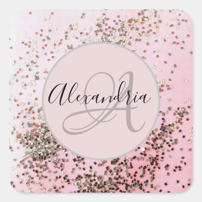 Adesivo Quadrado Monograma de Champagne Personalizado Confetti Rosa (Frente)