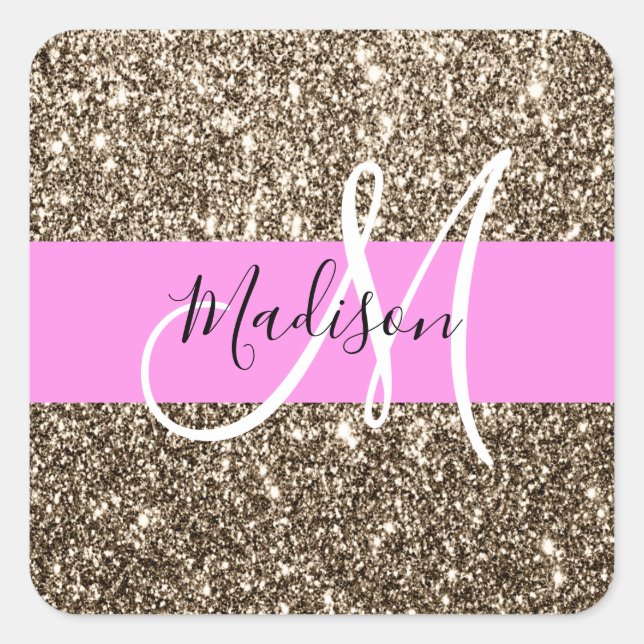 Adesivo Quadrado Monograma de Champanhe Rosa Glam Dourado Glitter S (Frente)