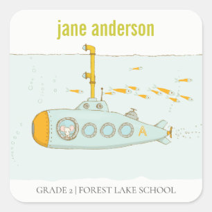 Adesivo Quadrado Monograma de Crianças Submarinas Cúbicas Elegantes