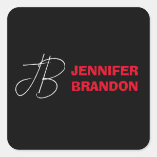 Adesivo Quadrado Monograma de Escrita Manuscrita Vermelha Preta Mon