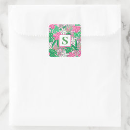 Adesivo Quadrado Monograma de Flores Tropicais Cor-de-Rosa Verde
