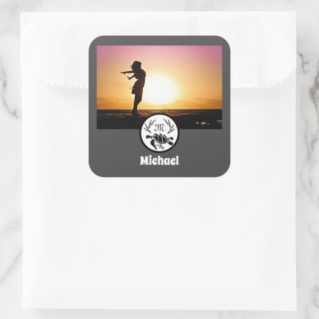 Adesivo Quadrado Monograma de Fotografia da Silhueta de Tartaruga d (Bolsa)