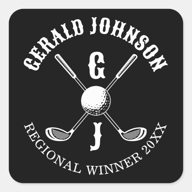 Adesivo Quadrado Monograma de Golfe Personalizado Elegante Minimali (Frente)