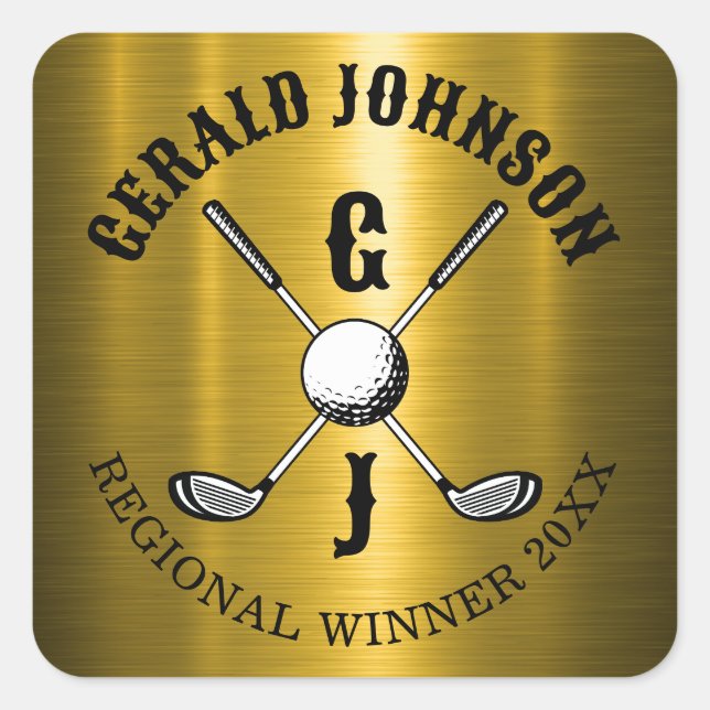 Adesivo Quadrado Monograma de Golfe Personalizado Elegante Minimali (Frente)