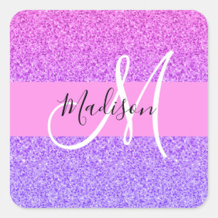 Adesivo Quadrado Monograma de Gradação da Glitter Roxo de Brilho
