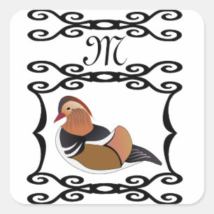 Adesivo Quadrado Monograma de Ilustração de Pato de Mandarim
