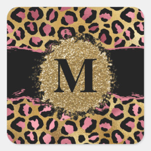 Adesivo Quadrado Monograma de impressão leopardo cor-de-rosa e dou