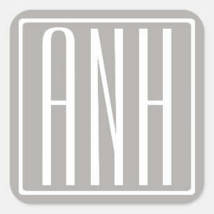 Adesivo Quadrado Monograma de Iniciais   Branco Sobre Cinzas Leves