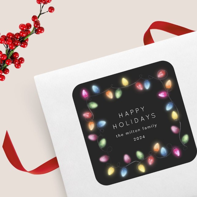Adesivo Quadrado Monograma de Luzes Coloridas de Natal (Criador carregado)