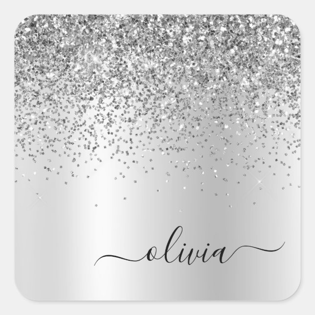 Adesivo Quadrado Monograma de Metal Brilhante com Glitter Prata Nom (Frente)