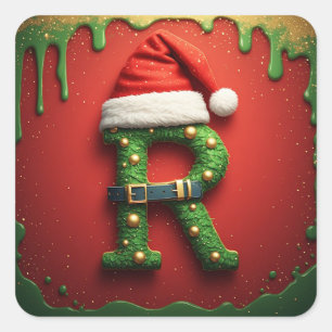 Adesivo Quadrado Monograma de Natal R com Chapéu de Papai Noel – Pr