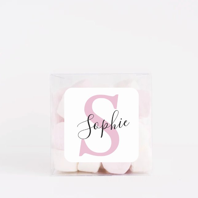 Adesivo Quadrado Monograma de Nome Personalizado Moderno - Rosa (Criador carregado)