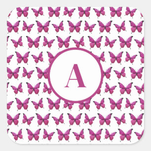 Adesivo Quadrado Monograma de Padrão de Borboleta Cor-de-Rosa Moder