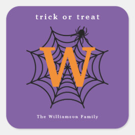 Adesivo Quadrado Monograma de Teia de Aranha de Halloween para Doce