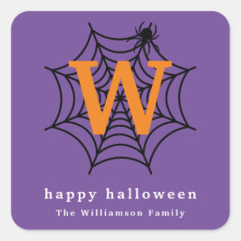 Adesivo Quadrado Monograma de Teia de Aranha de Halloween para Doce